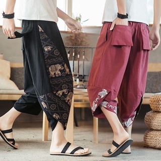 2020New Products in Stock Lightning Delivery Chinese Style Summer Men's Cotton Linen Thailand Elephant Beach Pants Harem Wide-Leg Bloomers97Cropped Pants Men's Fashion