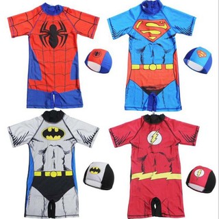 Kids Boys Superman Spiderman Batman Swimwear One-Piece Swimming Suit & Cap