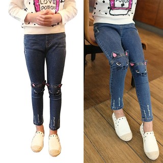New Fashion Kids Girls Cartoon Cat Jeans Pants