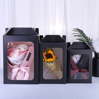 2PCS Kraft Paper Portable Gift Box Transparent Birthday Present Packing Box Window Flower Packaging Bag