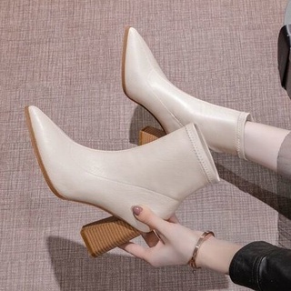 White short boots women thick heel single boots new high heels nude boots mid-heel Martin boots