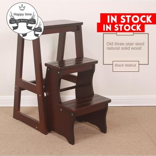 [Ready Stock]Step stool household solid wood two, three, four step ladder old man stair stool wooden step stool folding dual-use ladder creative home climbing stool ladder chair
