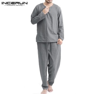 INCERUN Mens Casual Long Sleeve Top+Plain Pants Loose Pajamas Set
