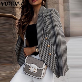 VONDA Women Autumn Winter Casual Long Sleeve Lapel Button Plaid Blazer