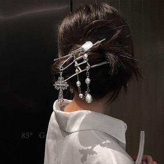 ☈❍Metal pin, cross, pearl hairpin, back head catch, sweet and cool personality, shark chuck, hair ornament, female Xia C