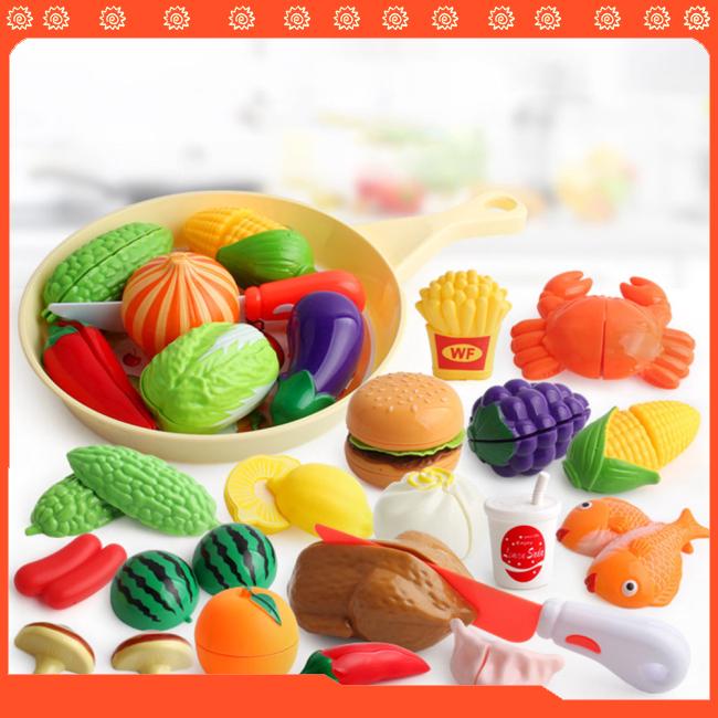 Children Pretend Role Play House Toy Cutting Fruit Vegetables Seafood Breakfast Burger Food Kitchen