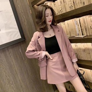 Two Piece Set Korean Women's Long Sleeve Blazer+high Waist A-line Skirt Plus Size