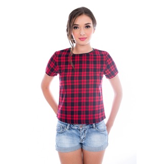 The Stage Walk Leather Trimming Plaid Top In Red