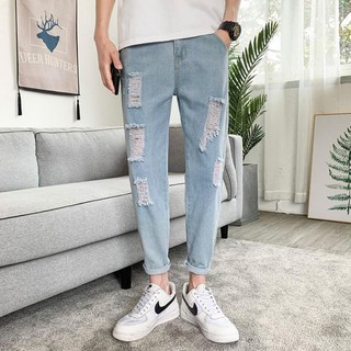 Men's Fashion Ripped Jeans Destroyed Taped Slim Fit Denim Pants Plus Size Jeans