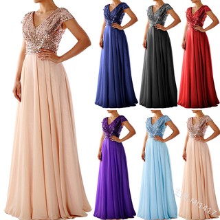 Women's Wedding Sequin Dress Bridesmaid Party Evening V Neck Gown