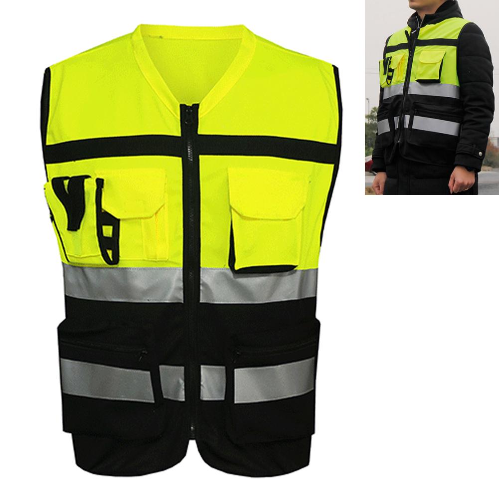 Safety Traffic Vest Construction Visibility Zipper Pockets Cycling Reflective &