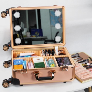 Makeup Artist Makeup Case Trolley Multifunctional Storage Tool Light Box Professional Rolling Cosmetic Case With LED Light Mirror Box Beauty Makeup Trolley Suitcase Luggage Aluminum Makeup Toolbox