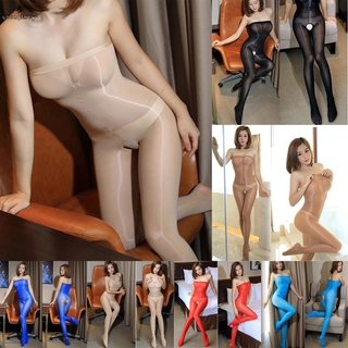 Women Pantyhose Sheer Bodycon Lingerie Perspective Open Crotch Bodysuit See through Clubwear Sexy Oil Shiny Glossy