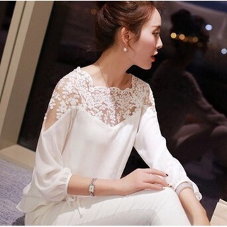 Ready Stock Ladies Girl Women white Spliced Lace Hollow Casual Chiffon Blouse Crop soft Off Shoulder lace flower TShirts
