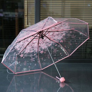 Cherry Blossom Transparent Umbrella Rain Women 3 Folding Sakura Flower Umbrella