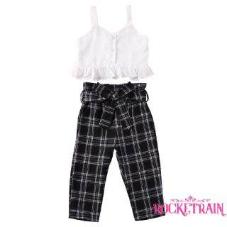 ♟Children Two Piece Baby Girl Outfit Ruffle Strap Top Plaid Trousers with Waist Belt