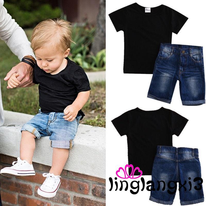 ..G-2PCS Toddler Baby Boys Short Sleeve Shirt Tops + Jeans Set Kids Clothes