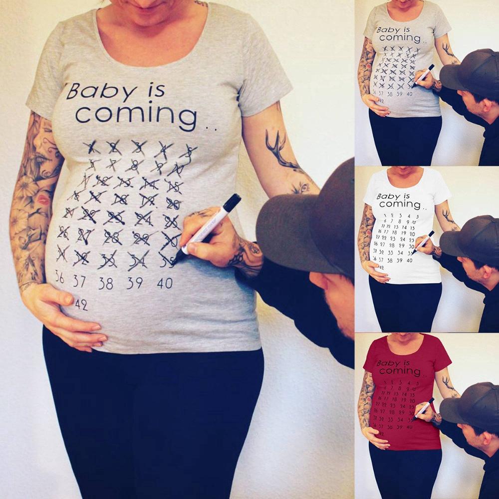 Baby Is Coming Print Women Maternity Clothing Pregnant Short Sleeve T Shirt Funny Top