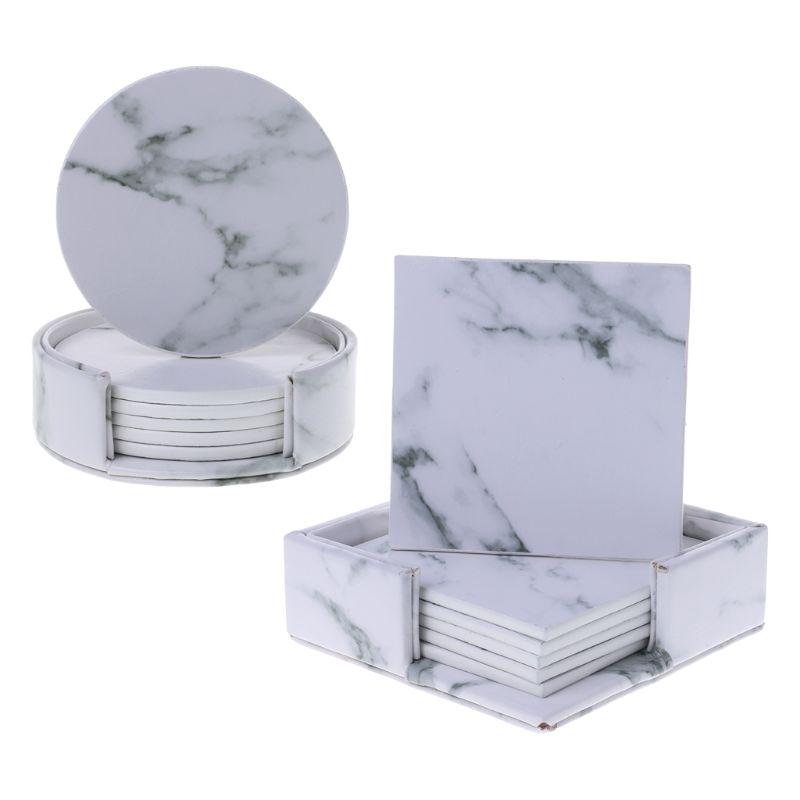 yoodada 6pcs/set Marble Leather Round Square Drink Coasters Table Pad Kitchen Tableware