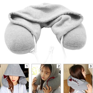 Adults Drawstring Travel Neck Support Neck Pillow Cushion Hooded Solid U-Shaped