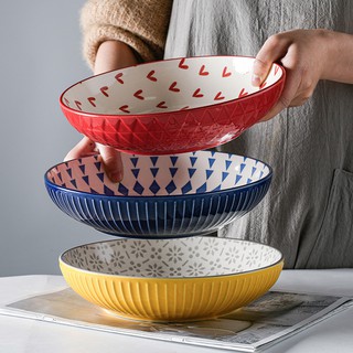 [SET OF 3 PCS] Assorted Ceramic Dinner Plates - 3 Colours [Red, Blue, Yellow] - Microwave & Oven Safe