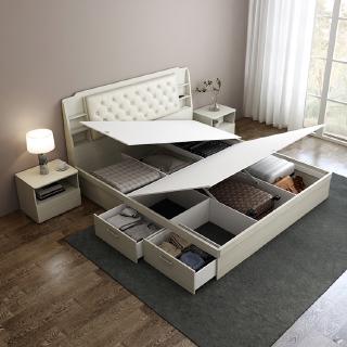 😍Youmanni😍Ready stock nordic leather cushion double bed air pressure high box storage bed 1.5m plate type bed with USB 1.8m master bedroom storage cabinet bed with clothes storage drawer wooden queen bedframe bedroom furniture