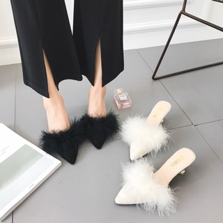 Furry fur slip on mules heels