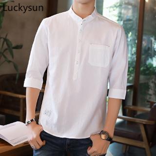 [Ready Stock] White Shirt Men Summer 100%Cotton Short Sleeve Slim Shirts Plain Work Clothing Kurta