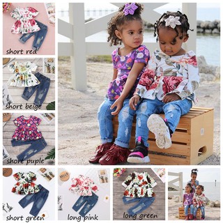 Kids Baby Girl Clothes Set Summer Floral Print Suit Short Sleeve Top + Denim Pants 2pcs Outfit