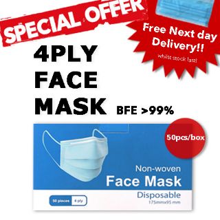 4-PLY Mask 50 pcs/box. BFE>99%.1 day delivery. LIMITED OFFER $16 for 3 boxes