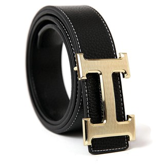 Men's leather brand belt classic H buckle (black gold)