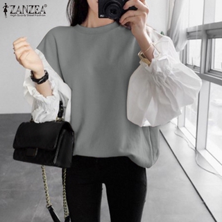 ZANZEA Women Contrast Color O Neck Casual Long Puff Sleeve Sweatshirt