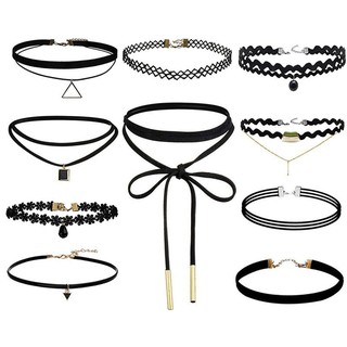 10Pcs/Set Punk Lace Choker CollarBead Pendant Chain Necklace Women Jewelry