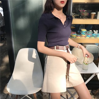 Xiaozhainv shirts for Women Korean Fashion Slim All-Match Vertical Thread Knit POLO shirt Short Sleeve Tshirt