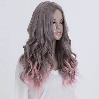0424 Full Long Curly Hair Style Wigs Cosplay Party Costume Wigs Gray And Pink