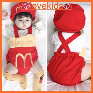 LOK0968 Newborn Cute Sleeveless French Fries Covered Button Suspender Romper With Hat 0-3Y