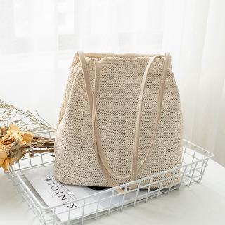 Fresh Feminine Linen Woven Bucket Bag, Handmade Grass Casual Tote Knitted Rattan Bags, Beach Bag Designer