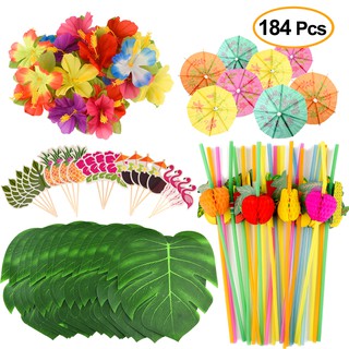KUUQA 184 PCS Tropical Hawaiian Party Decorations Includes Palm Leaves Cupcake Toppers
