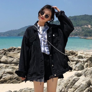 GUXI Jean jacket coat women 【Follow to get coupon】Korean loose-fitting oversized casual top black denim jacket for women