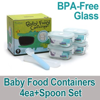 Baby Food Containers Storage Square 4p Set + Spoon/Freeze Puree Stock★Safe Lightweight Airtight Glass★BPA-Free★Made in KOREA Hit Brand