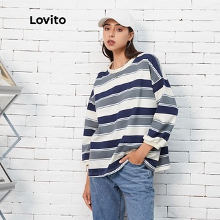 Lovito Casual Striped Basic Round Neck Sweatshirts L07016 (Blue)