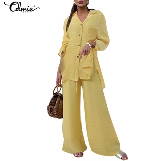 CELMIA Fashion Women Sets Long Sleeve Tops And Loose Wide Leg Pants Elegant Two Piece Suits (1)