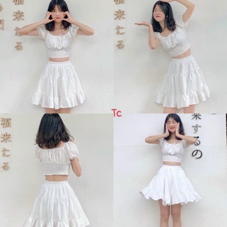 Women's Square Neck Crop Top With Flared Skirts In White Set Super Pretty