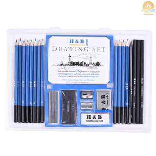 26 professional drawing and sketching pencil sets, including sketching pencils, graphite and charcoal pencils, sticks, erasers, art supplies