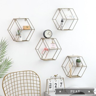Nordic style creative ins iron hexagonal wall hanging decoration, living room bedroom room wall la~~ (1)