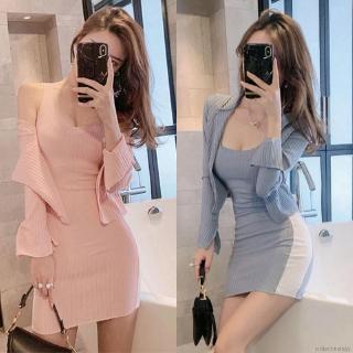 Women Two-piece Long-sleeved Cardigan With Bag Hip Vest Dress