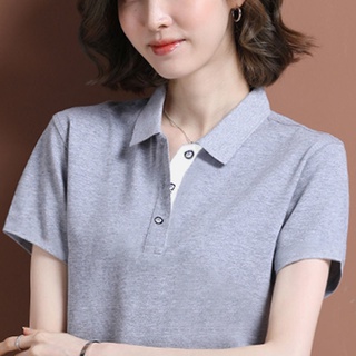 Cotton t-Shirt Women Short-Sleeved Half-Sleeved POLO Top Shirt Collar Large Size V-Neck Overalls Bottoming