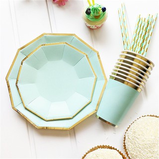 Gold Mint Green Disposable Tableware Paper Plates Cups Straw Birthday Party