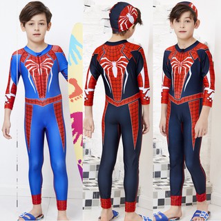 Spiderman Kids Boys Long Sleeve Swimming Suit Muslimah Swimwear+Cap 2Pcs Set