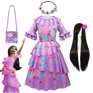 Encanto Kids Isabel Dress Toddler Mirabel Costume Birthday Girl Purple Flower Ruffles Princess Dresses Party Clothing--A